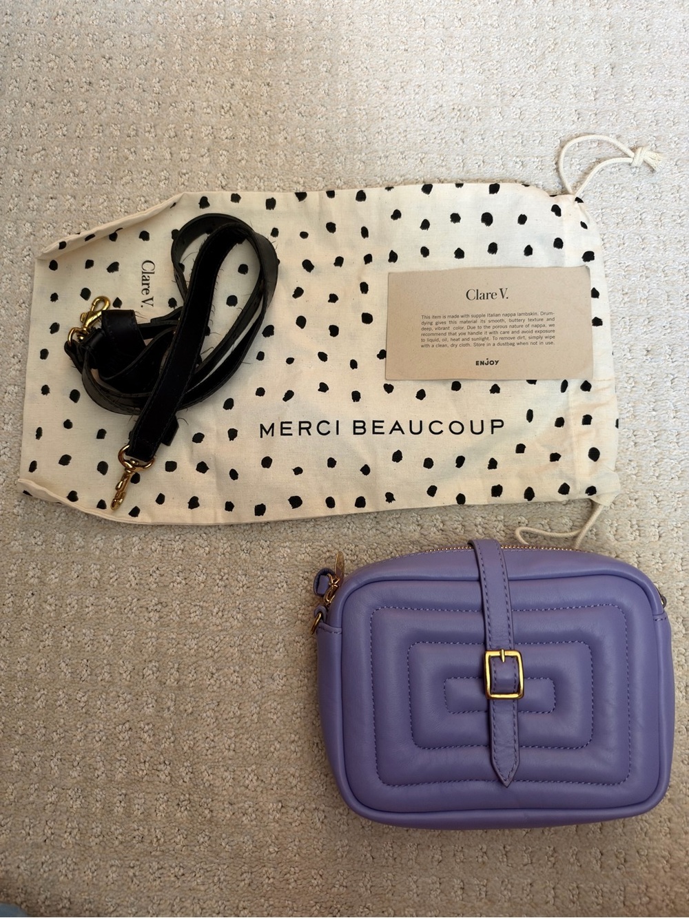 Clare V Gigi Lavender Quilted Leather Crossbody with Black Strap